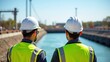 © Natti - Industrial construction workers in hardhats smiling at work on the river