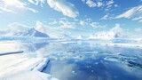 Vast Icy Wilderness Under a Bright Sunlit Sky With Reflective Water and Mountains
