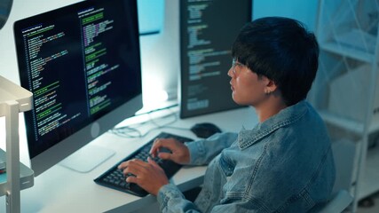Close up software developer typing code debugging system backend development application programming monitor screen interface