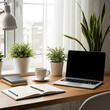 © xaras - A bright and tidy home office workspace with a laptop on a wooden desk, plants by the window, and a morning coffee.