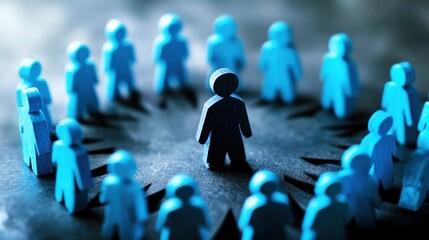 Wall Mural - wood figurine represents individuality surrounded by a circle of blue figures symbolizing community 