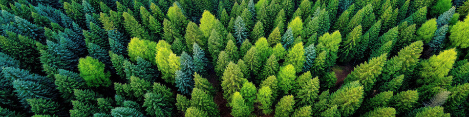 Wall Mural - Panoramic top aerial view from above of green spruce forest. Landscape panorama with trees in a pine forest