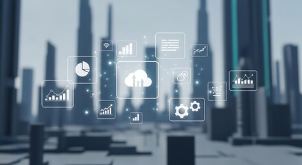 Cloud computing technology and data analytics for business on a futuristic city background. Digital transformation concept.