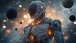 © stang - Futuristic Robot Astronaut in Space with Planets and Cosmic Background, Exploring the Unknown and Advancing Technology, Illuminated Components, 3D Render
