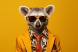 Funny portrait of a ring tailed lemur wearing a yellow suit and sunglasses on a yellow background