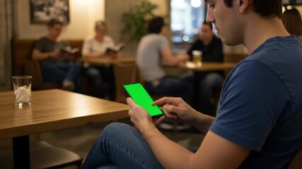 Man using a green screen phone in a cafe with other people sitting at tables in the background inside