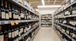 © naevermillion - A long, blurred aisle in a supermarket or liquor store, with shelves fully stocked with various wine bottles.