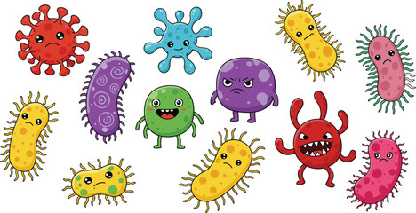 Cartoon bacteria, funny virus, colorful germs, microbe illustration, cute pathogen, happy and sad microbes, vector drawing, science cartoon, biology art, kids microbes, bacteria clipart, infection