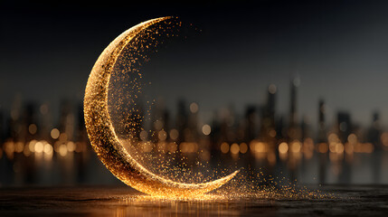 Wall Mural - glowing crescent moon shape formed by golden glitter particles against a blurred city background at 