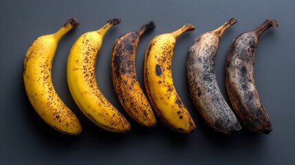 Row of six bananas on dark surface showing progression from ripe to spoiled