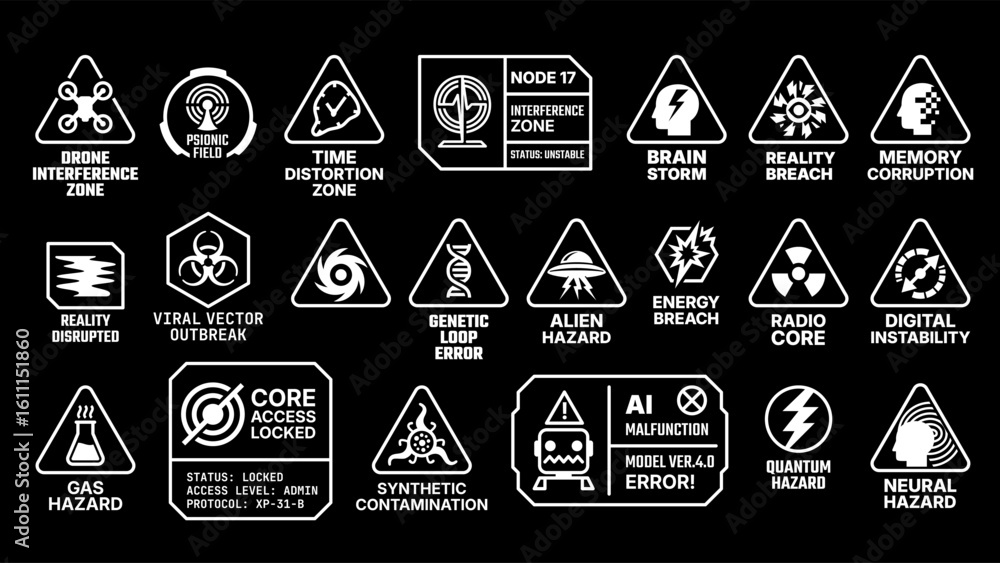 Set of sci-fi hazard warning signs and interface labels featuring AI ...