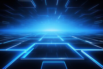 Wall Mural - futuristic blue glowing grid floor spreading into horizon with light trails evoking a sense of techn