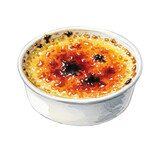A delectable watercolor illustration of a classic creme brulee, featuring its signature caramelized sugar crust in a white ceramic dish. Ideal for culinary themes.
