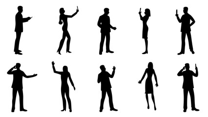 Silhouettes of people using phones and gesturing in various poses against a white background display