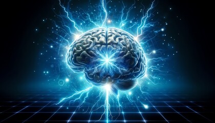 Wall Mural - A glowing human brain with intricate neural folds, radiating an intense blue-white energy aura in the dark background