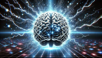 Wall Mural - A glowing human brain with intricate neural folds, radiating an intense blue-white energy aura