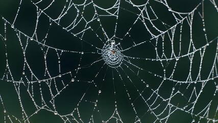 Delicate Spiderweb Covered in Dew Drops on a Dark Green Backdrop Highlighting Natures Beauty and Intricate Design