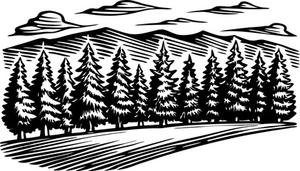 Pine forest landscape with mountain and cloud illustration black and white evergreen tree silhouette, nature scene