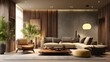 © Hasnain - Luxury interior background featuring cozy modern living room with warm lighting wooden furniture and plush textures elegant lifestyle and home design stock