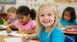 © Atelier d’Alya - Happy elementary school girl smiling in classroom with classmates