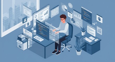 Programmer Working with Code and Data Dashboard – Modern Tech Illustration for AI, Software, and Analytics