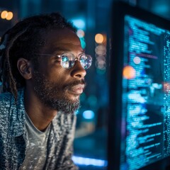 focused programmer working at computer in modern office environment