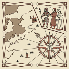  Vintage Map Illustration with Compass and Medieval Figures