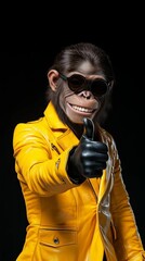 Wall Mural - cool chimpanzee in yellow jacket and sunglasses gives thumbs up against black background, showing hu