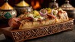 © samsoru - A large gourmet hot dog on a wooden tray, topped with cheese, bacon, onions, and peppers