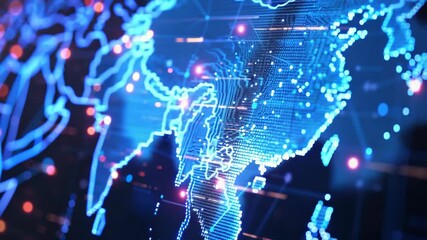 Wall Mural - Global network of lights, digital data visualization on a world map, abstract cyber technology concept