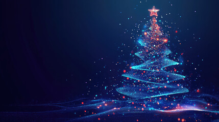 Wall Mural - blue glowing neon christmas tree in minimalist abstract design, elegant fir illustration with copy s