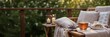 © CoralFox - Teacup of lavender tea on a wooden table against a blurred background on a terrace at sunset. Herbal drink for relaxation and wellness. Healthy lifestyle concept for banner or poster with empty space.