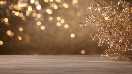 Sparkling gold bokeh background with elegant golden leaves