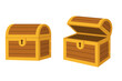 © jasmine - Wooden treasure chest set vector illustration. Open and empty plus closed pirate chest with gold lock. Ancient dower or mystery box for game icon. Antique storage isolated.