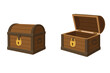© jasmine - Open and closed wooden treasure chest set. Vector illustration of an ancient pirate box with a lock. Empty, mysterious trunk for game assets or fantasy concepts.