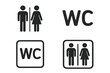 © jasmine - WC toilet restroom sign vector icon set. Man and woman symbol. Public bathroom pictogram. Male and female gender silhouette for lavatory door. Black flat illustration isolated.