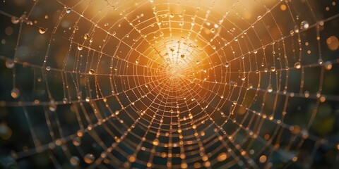 Stunning dew drops cling to a spiderweb, shimmering golden in the morning light creating a beautiful and intricate natural design