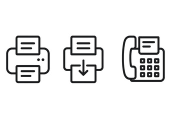 Printer and fax machine line icon set. Office equipment symbols. Print, download, and communication concepts. Outline vector illustration for UI and modern graphic design.