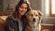 © Stock Medae  - Smiling woman sits beside her large, light-colored dog indoors