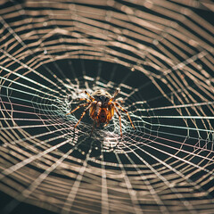 Close-up of a spider in the center of its intricate web, illuminated by sunlight.