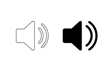Speaker volume icon set with solid and outline sound symbol. Audio loudspeaker pictogram for music, UI, mobile app button. Simple black line flat glyph vector isolated on white