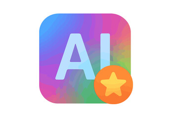 Colorful gradient AI app icon with star badge, artificial intelligence label, UI button, technology logo, square vector illustration, transparent background, web interface symbol