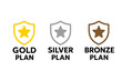 © Corinna - Membership plan tier icons set. Gold silver bronze subscription levels. Premium loyalty program badges. Shield star vector illustration. VIP service upgrade symbols