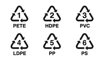 plastic recycling code symbols set. resin identification codes icon collection. industrial marking f