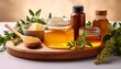 © Nicholas - natural skincare products with honey and beeswax placed on wooden board with fresh herbs
