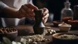 © weekung69 - A close-up, realistic image of hands grinding spices in a mortar and pestle, with aromatic herbs and spices being crushed, capturing the essence of traditional cooking methods.