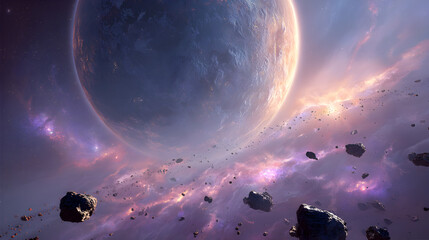 Wall Mural - A large planet surrounded by asteroids and nebulas in a colorful and detailed space scene view