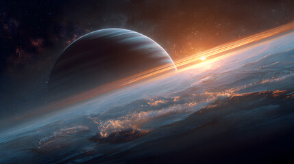 Wall Mural - A distant planet with rings and a bright sun rising over the horizon in a cosmic landscape