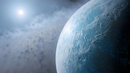 Wall Mural - A detailed view of a blue planet with clouds and a bright star in the distant background of space