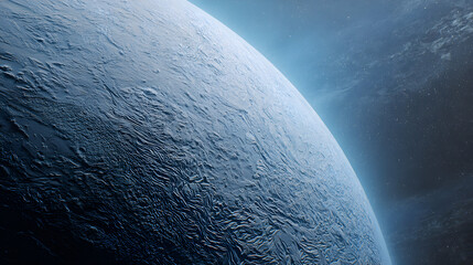 Wall Mural - View of a distant planet with a textured surface against a starry dark blue space background scene